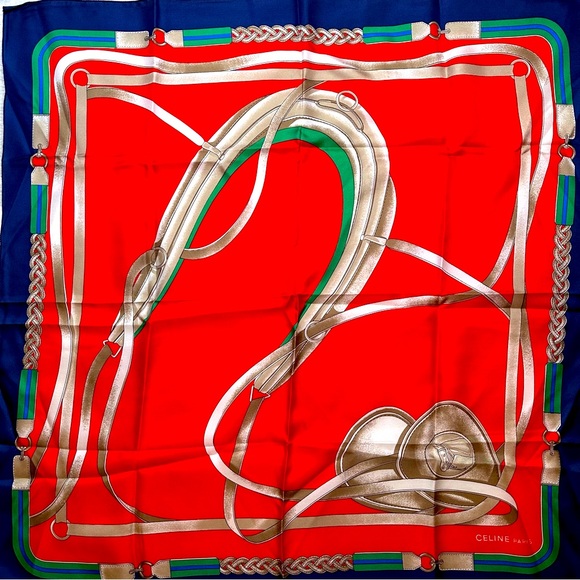 EUC Celine Silk Scarf in Red, Blue, Green, and Silver-Bronze - Picture 3 of 14